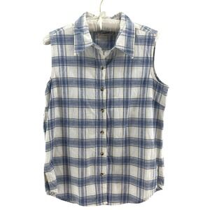VTG 90s Rhythm Blue Button‎ Down Top Women S Blue Plaid Cotton Granola Cowgirl